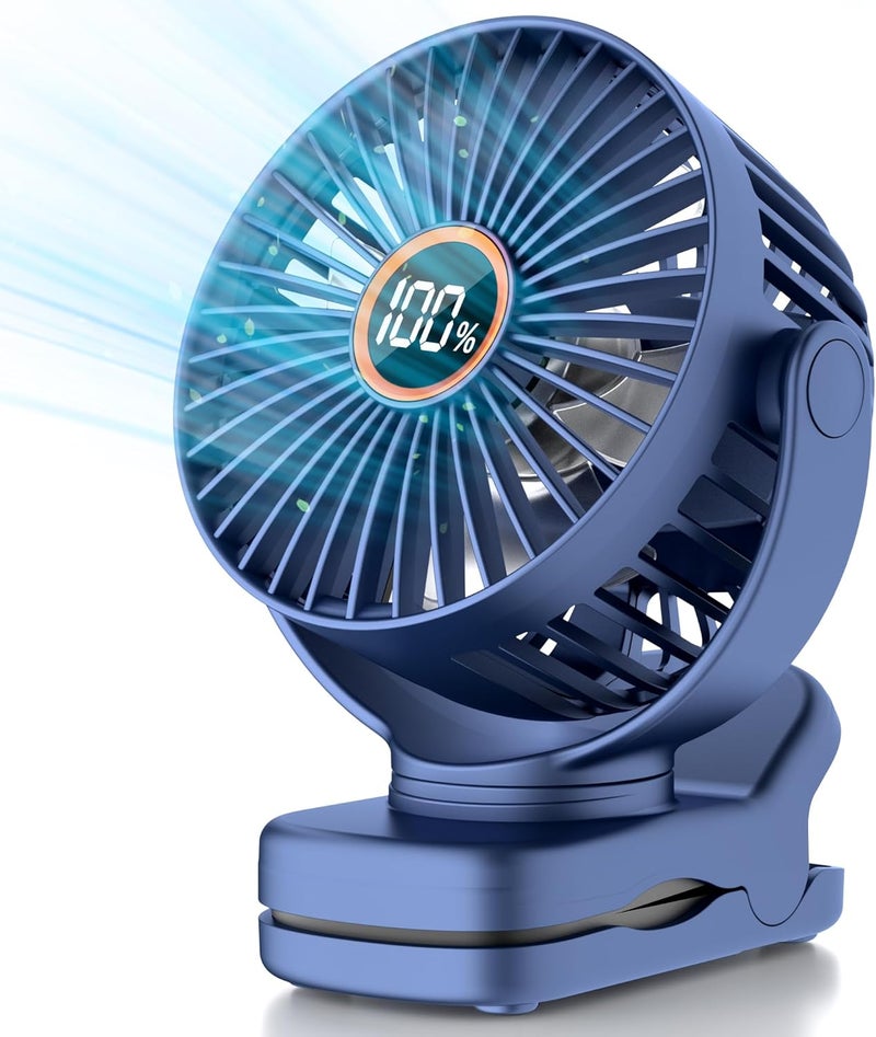 TUNISE Mini Clip on Fan, Battery Operated Desk Fan, Digital display，3 Speeds Adjustable, Bidirectional 360 ° Adjustable, Super strong wind, Portable Fan for Home Office Stroller Camping Blue - Image 1